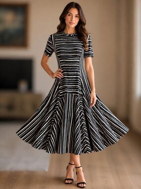 DKNY Black and White Striped Midi Fit-and-Flare Dress